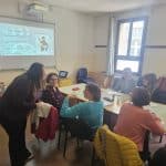 Lezione di inglese in aula con insegnante e studenti.